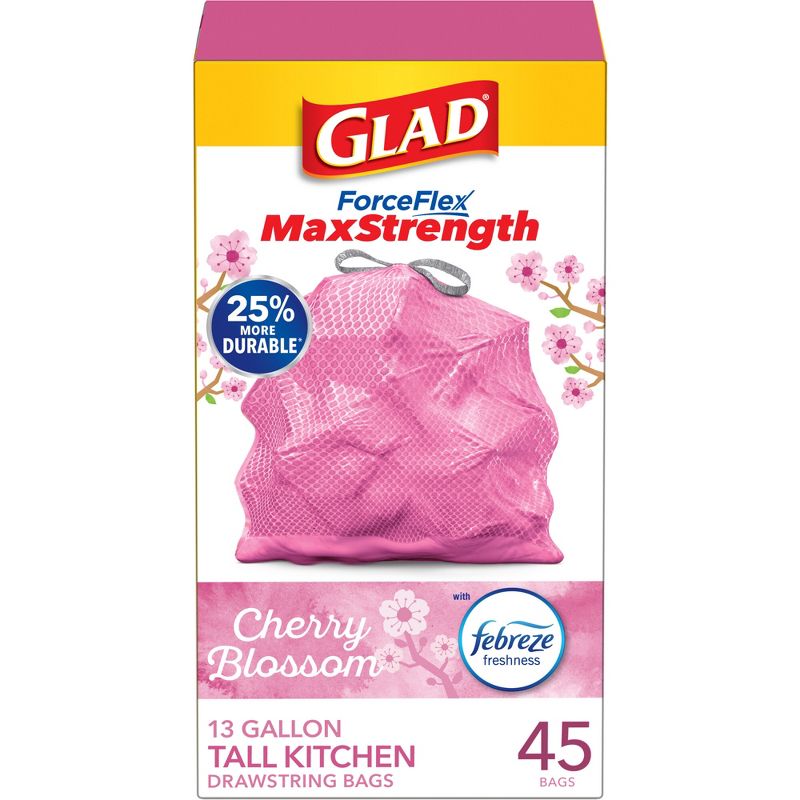 Glad ForceFlex MaxStrength Tall Kitchen Drawstring Pink Trash Bags - Cherry Blossom - 13 Gallon, 1 of 21