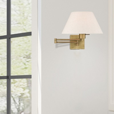 Classic Black Swing Arm Wall Lamp with Oatmeal Fabric Shade