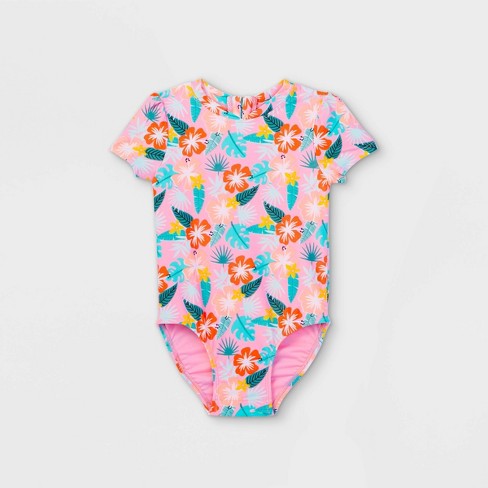 Toddler Girls Floral Front Zip Up Short Sleeve One Piece Swimsuit Cat Jack Pink Target