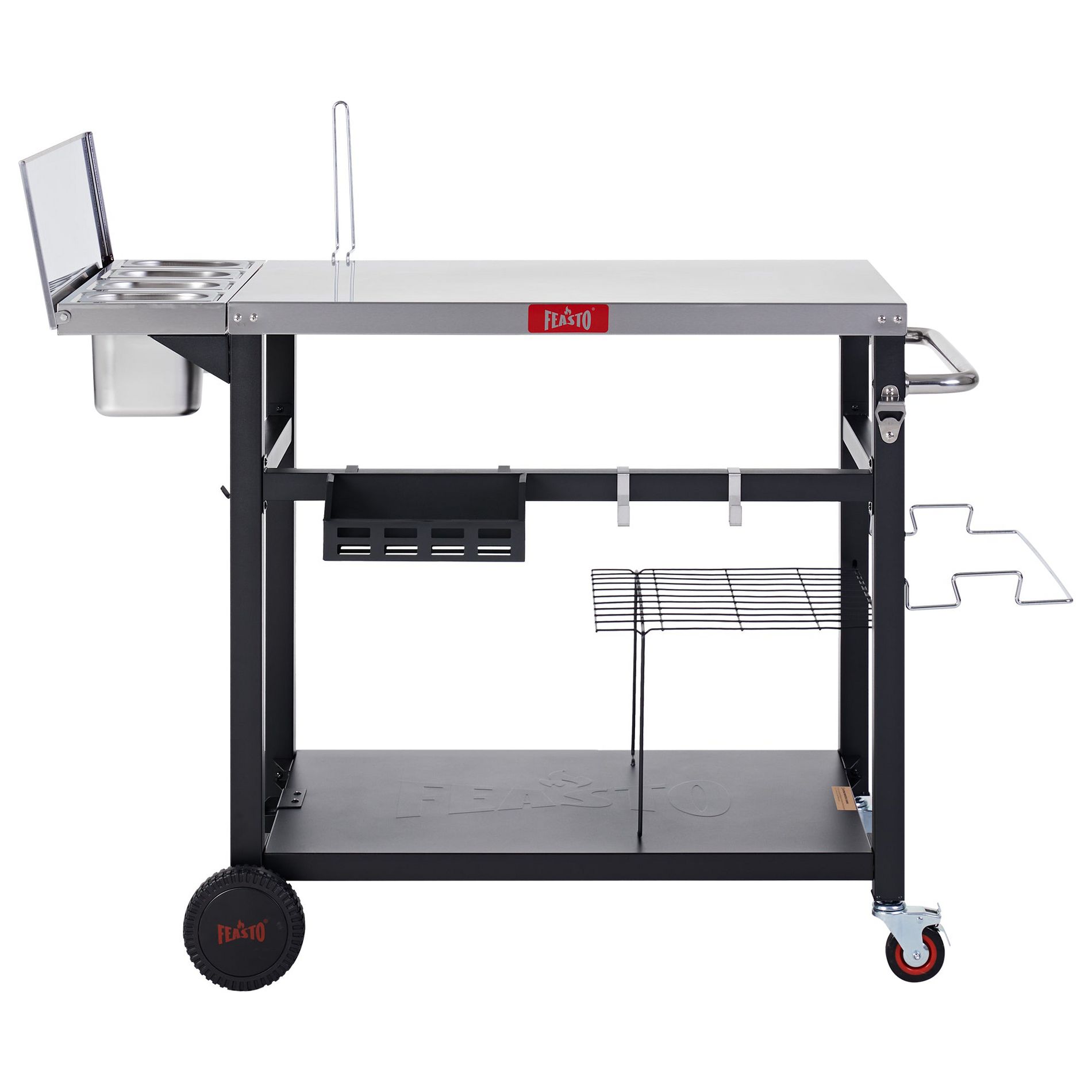 Feasto Pizza Oven Table with Stainless Steel Top, Outdoor Pizza Prep Station with One-Piece Topping Holder and 4 Upgraded Containers