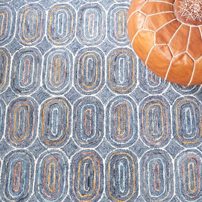 Blue Geometric Hand-Tufted Wool Area Rug, 5' x 8'