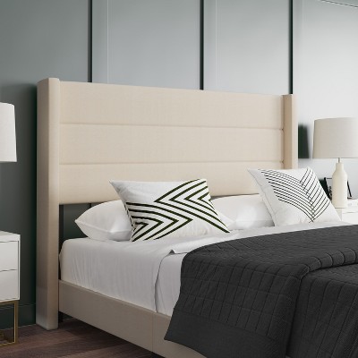Beige Queen Upholstered Platform Bed with Wingback Headboard