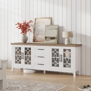 Farmhouse TV Stand for 70 Inch TV, Mid Century Entertainment Center with 3 Drawer & 2 Storage Doors, Wooden Media TV Console Table for Living Room - 1 of 4