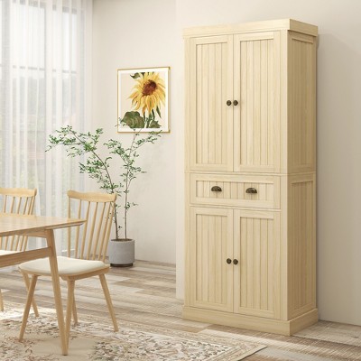 TIRAMISUBEST 72" Farmhouse Pantry Cabinet - Freestanding Storage with 4 Soft-Close Doors, Adjustable Shelves & Drawer, Natural Wood
