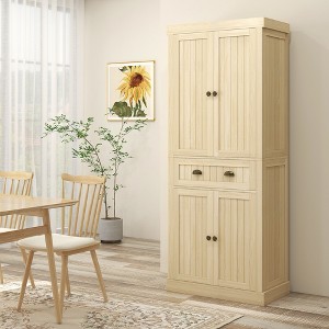 TIRAMISUBEST 72" Farmhouse Pantry Cabinet - Freestanding Storage with 4 Soft-Close Doors, Adjustable Shelves & Drawer, Natural Wood - 1 of 4