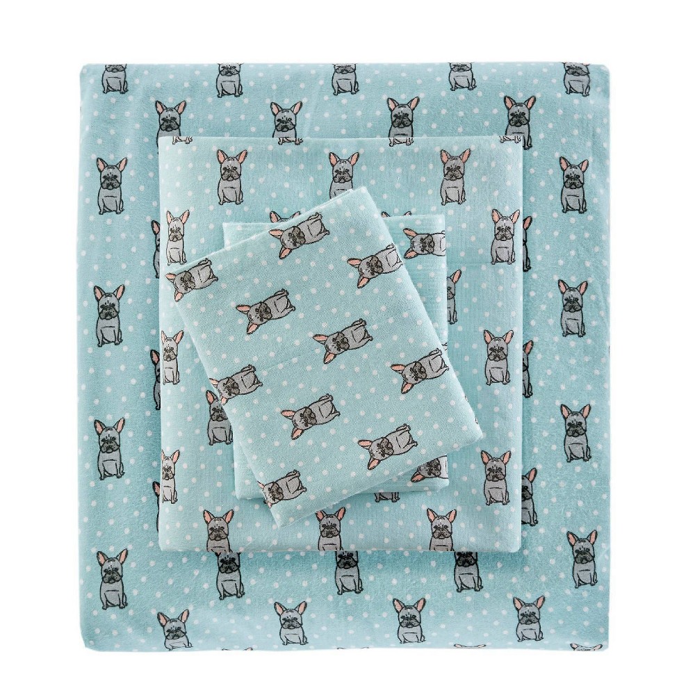 Photos - Bed Linen Full Flannel Sheet Set Aqua French Bulldog