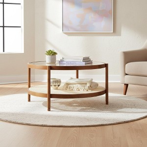 Homy Casa Round Coffee Table with Glass Top and Lower Wood Shelf for Living Room, Brown - 1 of 4