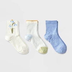 Women's Forget Me Not 3pk Mid Crew Socks - A New Day™ Ivory/Blue 4-10: Recycled Polyester, Floral Knit - 1 of 3