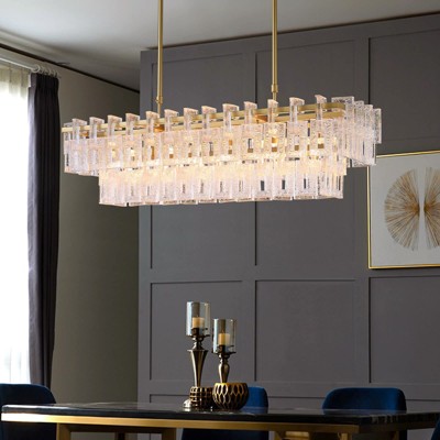 Ludomide Modern Gold Rectangular Chandelier, 2-Tier Crystal Light Fixture, 6 Lights Pendant for Dining Room, Kitchen Island, L40"x W14"x H10"