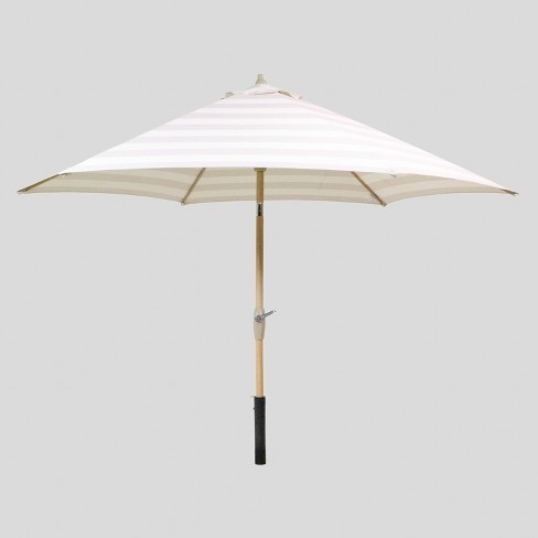 9 Round Cabana Stripe Patio Umbrella Duraseason Fabric Tan Light Wood Pole Threshold Target