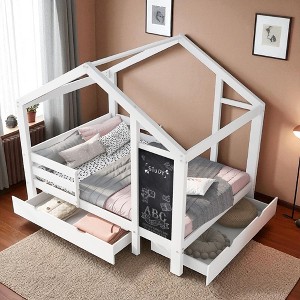 Twin Size House Bed with Blackboard and Storage Drawers, Wood Platform Bed with Safety Rails, Two Assembly Options - 1 of 4