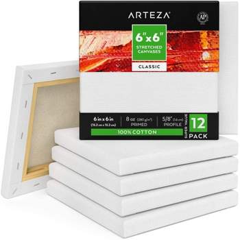 Arteza Stretched Canvas, Classic, White, 6"x6", Blank Canvas Boards for Painting - 12 Pack