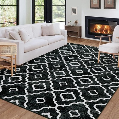 8x10 Washable Rug Non-Slip Modern Geometric Area Rug ¨C Low Pile Farmhouse Carpet for Living Room, Bedroom, Dining Room (Black)