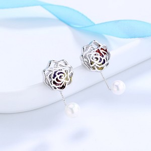 14K Gold Cultured Pearl Rose Drop Earrings With Crystals - 1 of 2