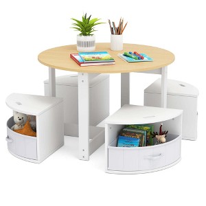 Costway 5 Piece Kids Play Table and Chairs Set Round Nesting Table Toddler Furniture Gray/Natural - 1 of 4