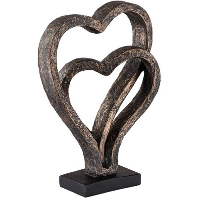 Aged Bronze Interlocking Hearts 12" Statue on Black Base