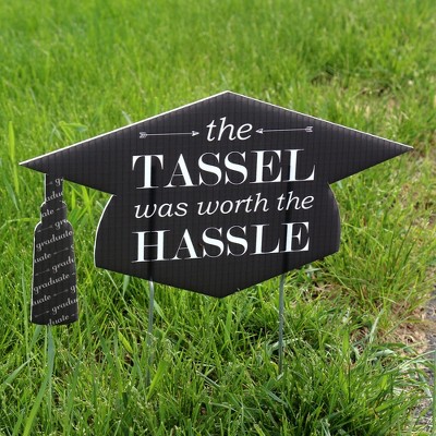 Black and White Graduation Cap Shaped Outdoor Yard Signs with Stakes