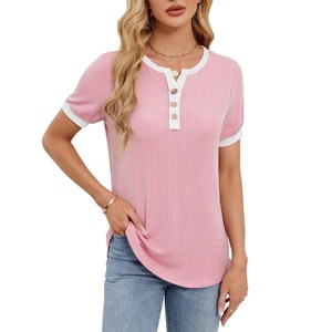 Women's Casual Henley Short Sleeve Ribbed Top with Contrast Trim - 1 of 4