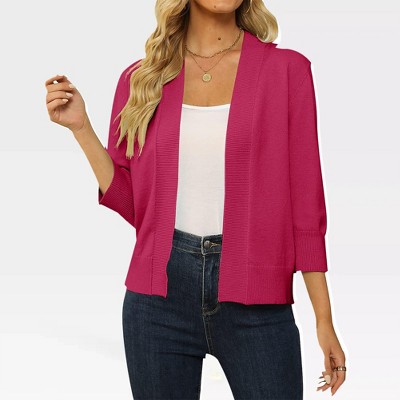 Women's Lightweight 3/4 Sleeve Cropped Cardigan Sweater Open Front Short Shrugs,Rose - M