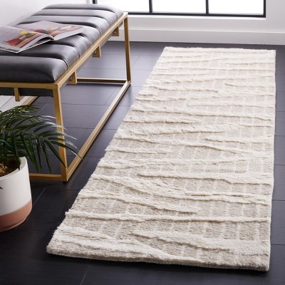 Beige and Ivory Hand-Knotted Wool Shag Runner Rug
