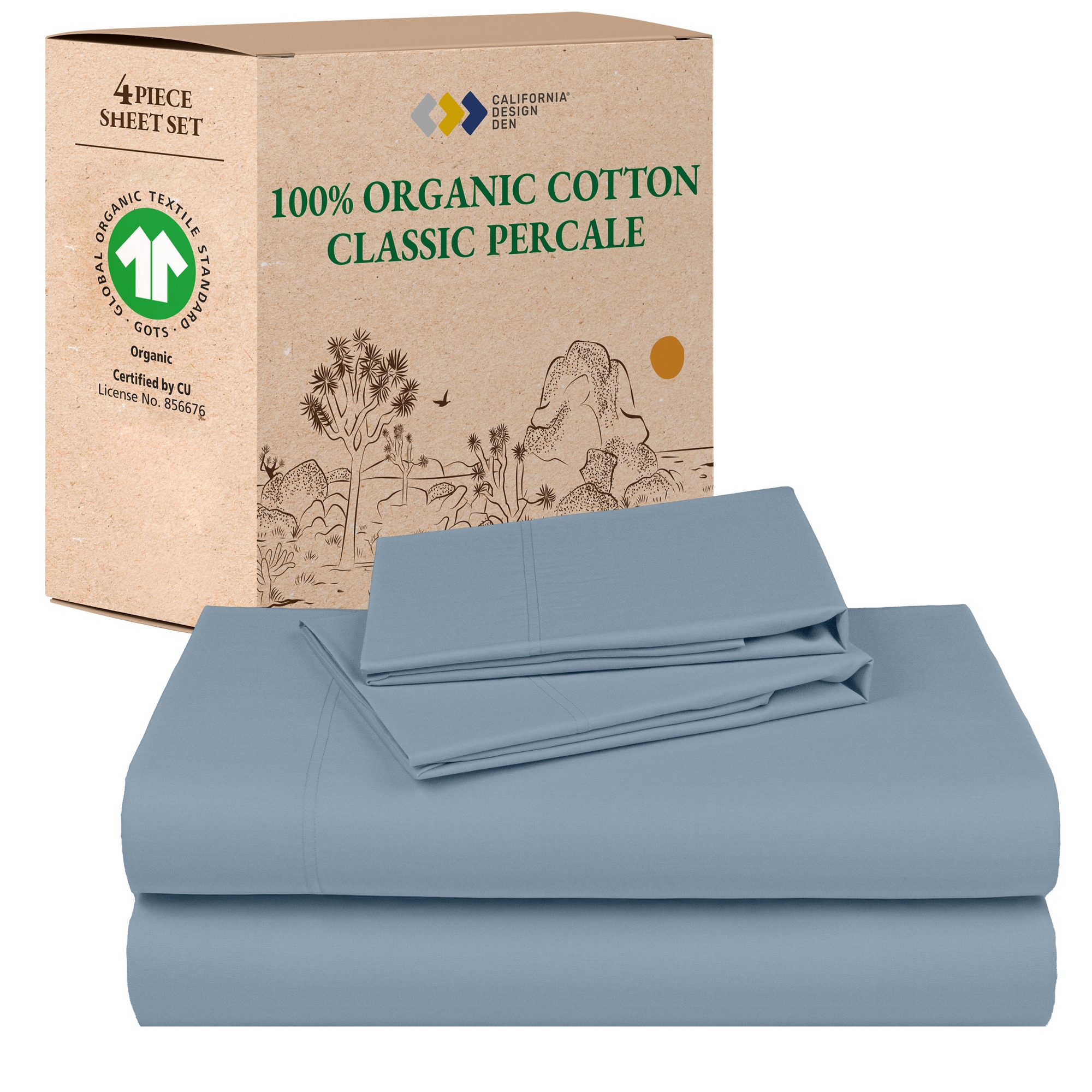 Queen Sheets Set, 100% Organic Cotton Percale, Blue Hydrangea Bed Sheets by California Design Den