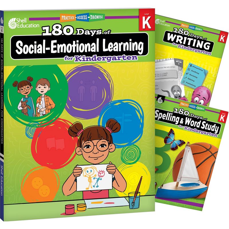 Shell Education 180 Days Social-Emotional Learning, Writing, & Spelling Grade K: 3-Book Set, 1 of 3