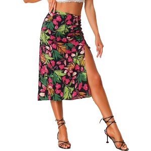 INSPIRE CHIC Women's Summer Beach Flowy Ruched Front Tropical Floral Midi Skirt - 1 of 4
