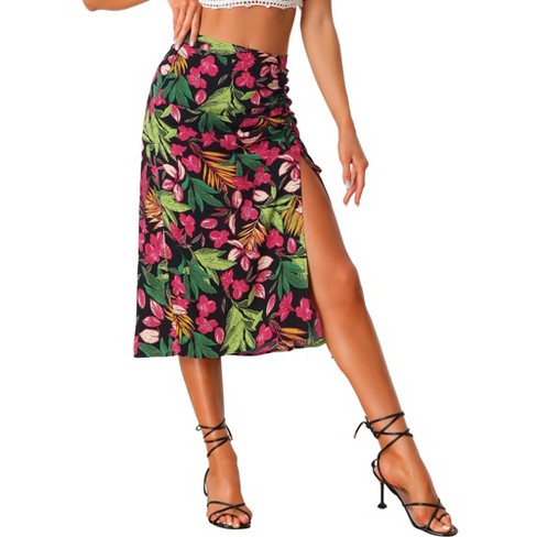 Allegra K Women s Summer Beach Flowy Ruched Front Tropical Floral Midi Skirt Black X Small