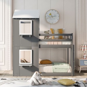NicBex Twin over Twin Bunk Bed Roof Shape Loft Bed Pine Bed Frame with Windows, Sills, Ladder and Full Length Guardrail, No Box Spring Required - 1 of 4