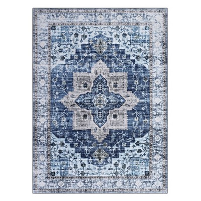 Washable Vintage Rug Non Slip Low Pile Rug Soft Medallion Throw Floor Cover Foldable Indoor Carpet for Living Room Bedroom Playroom Nursery