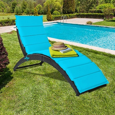 Turquoise Cushioned Folding Rattan Chaise Lounge Chairs, Set of 2
