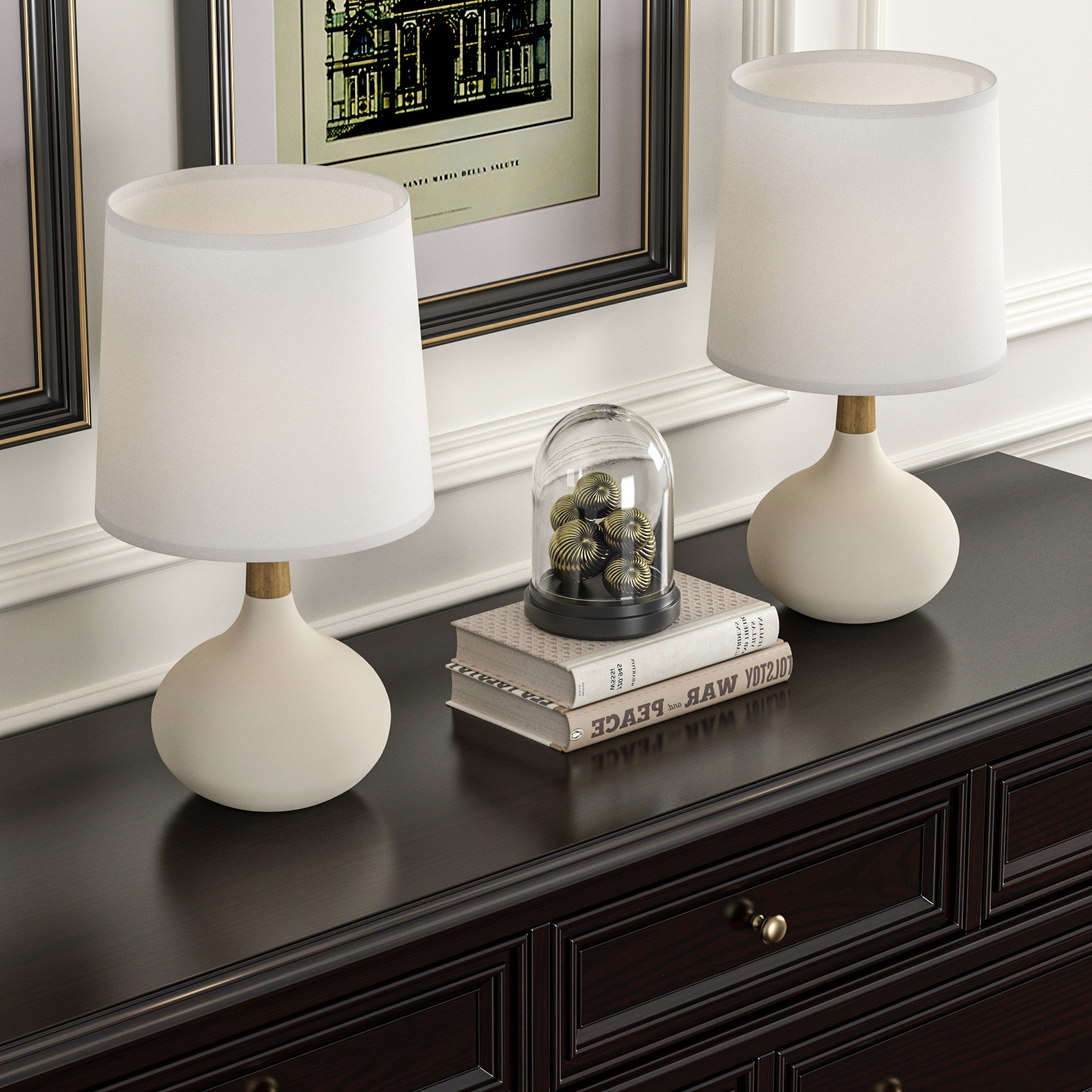 Maxax 14" White Ceramic Table Lamps Set of 2, Modern Gourd-Shaped Bedside Lamps with Wood Accents for Bedroom/Living Room/Office