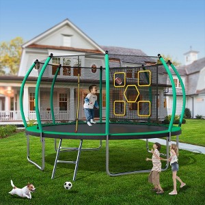 Okak 12/14FT Recreational Kids Trampoline with Enclosure Net, ASTM Approval Outdoor Trampolines with Ladder, Trampoline for Garden, Yard - 1 of 4
