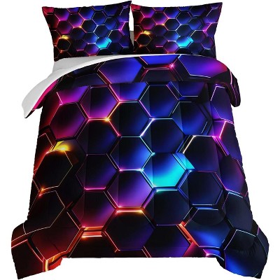 Boersma 3D Honeycomb Boys Comforter Set Twin Size,Geometric Hexagon Pattern Bedding Set for Kids Teens Boys Room Decor,Purple Neon Lights Comforter
