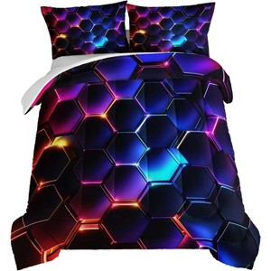 Boersma 3D Honeycomb Boys Comforter Set Twin Size,Geometric Hexagon Pattern Bedding Set for Kids Teens Boys Room Decor,Purple Neon Lights Comforter - 1 of 4
