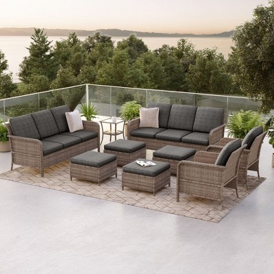 Sonkuki 9 Pieces Patio Sofa with Ottomans Set, All-Weather PE Rattan Wicker, Patio Conversation Couch with Cushion, Sand