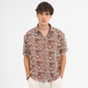 Campus Sutra Men Men's Mocha Brown Floral-Lined Oversized Shirt - 1 of 4