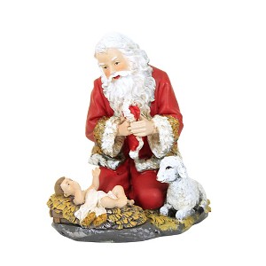 Roman 5.0 Inch Kneeling Santa Holding Hat Christmas Figurine , Lamb Cradle Jesus Baby (1PC) - 1 of 3