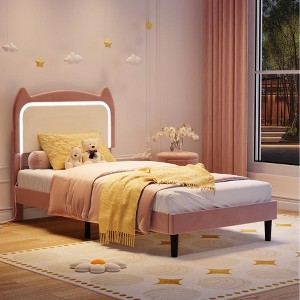 Velvet Upholstered Cat Headboard Platform Bed for Kid- Sturdy Wood Slats, No Box Spring Needed, App & Remote Contro - 1 of 4
