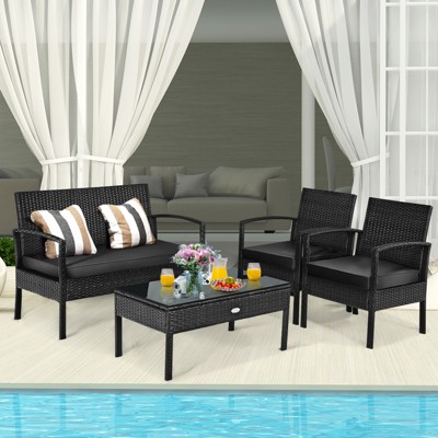 Tangkula Set Of 4 Wicker Patio Conversation Furniture Set Outdoor Rattan Chair and Table Set Patio Furniture Sets w/ Coffee Table & Washable Cushions