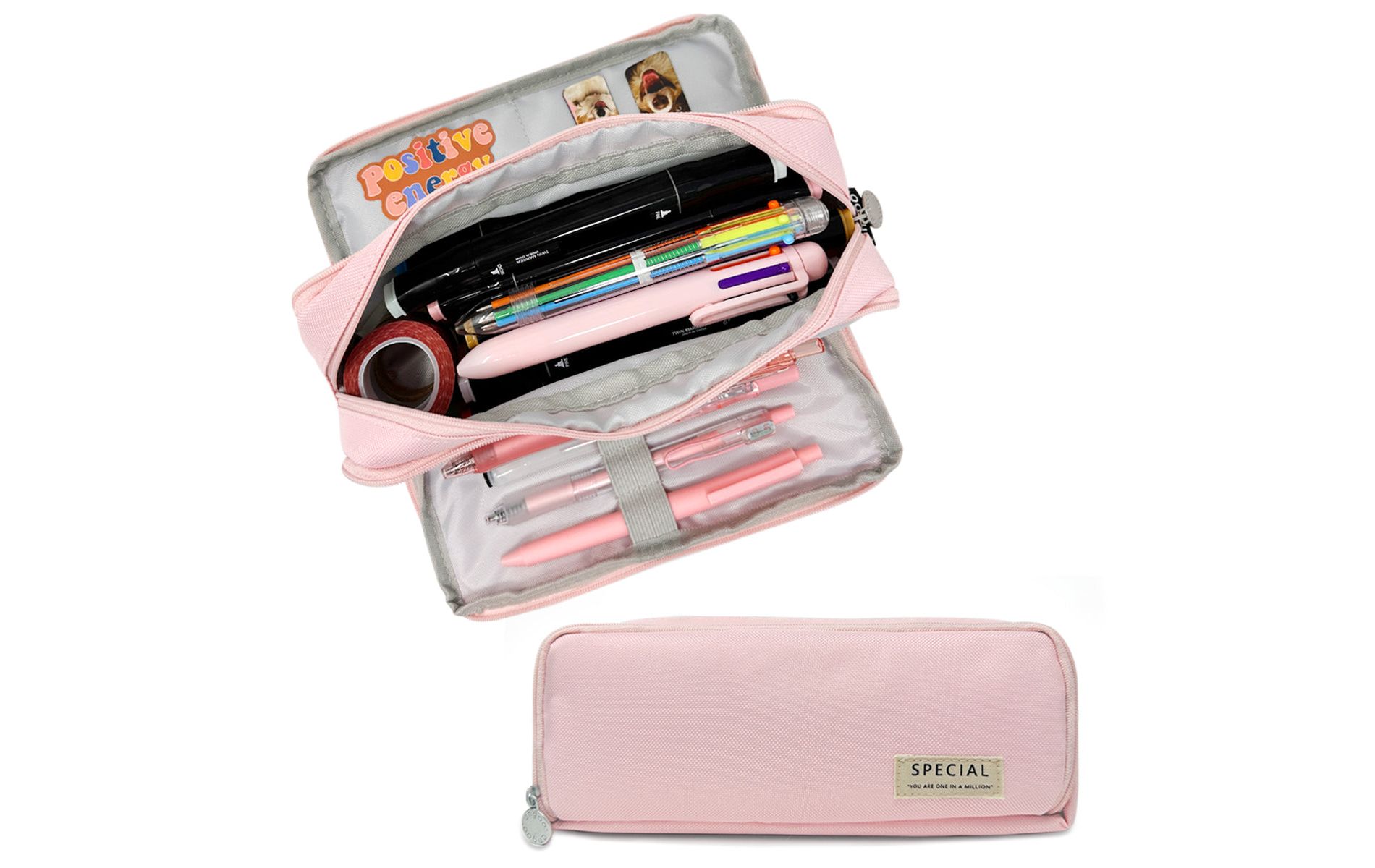 Wrapables Large Capacity Pencil Case, 3 Compartment Pencil Pouch for Stationery Pens, Pink