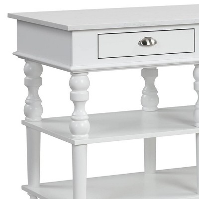 White Marble Top Kitchen Island with Turned Legs and Shelves
