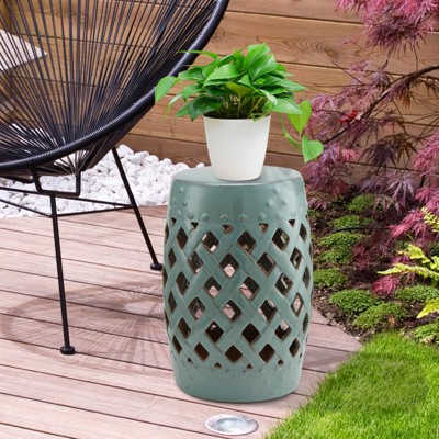 Blue Ceramic Garden Stool with Woven Lattice Design