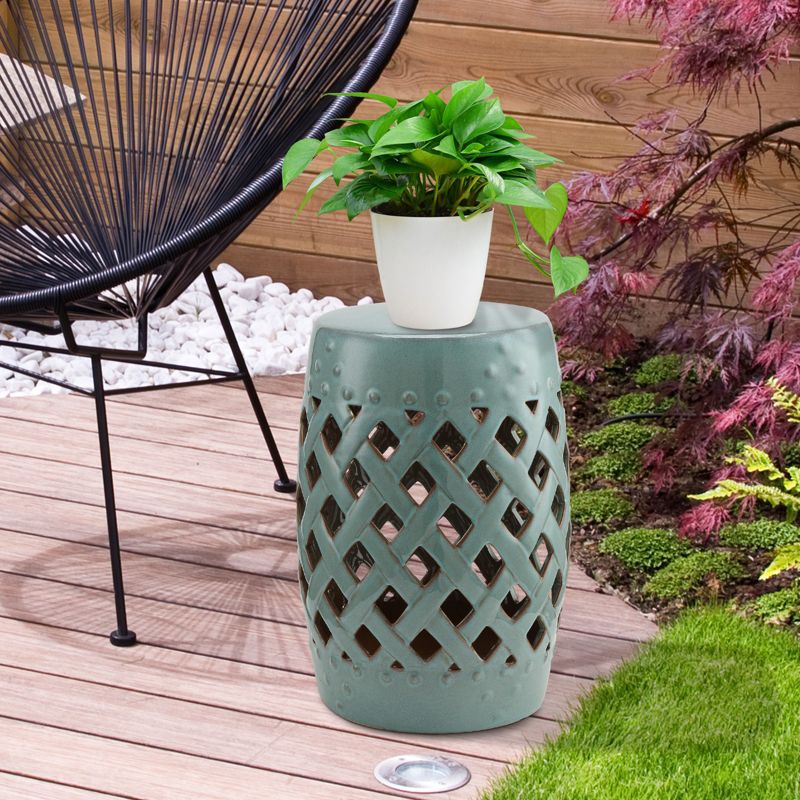 Outsunny 13" x 18" Ceramic Garden Stool with Woven Lattice Design & Glazed Strong Materials, 3 of 10