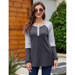Women’s V Neck Henley Shirts Long Sleeve Waffle Tunic Tops Pullover Sweatshirts with Buttons - 1 of 4
