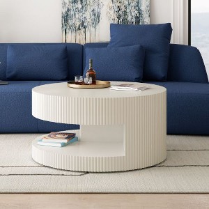 CENGHU 31.5" Round Coffee Table with Vertical Stripe Design, Modern Center Table with Storage, Side Table for Living Room, Dining  Room, White - 1 of 4