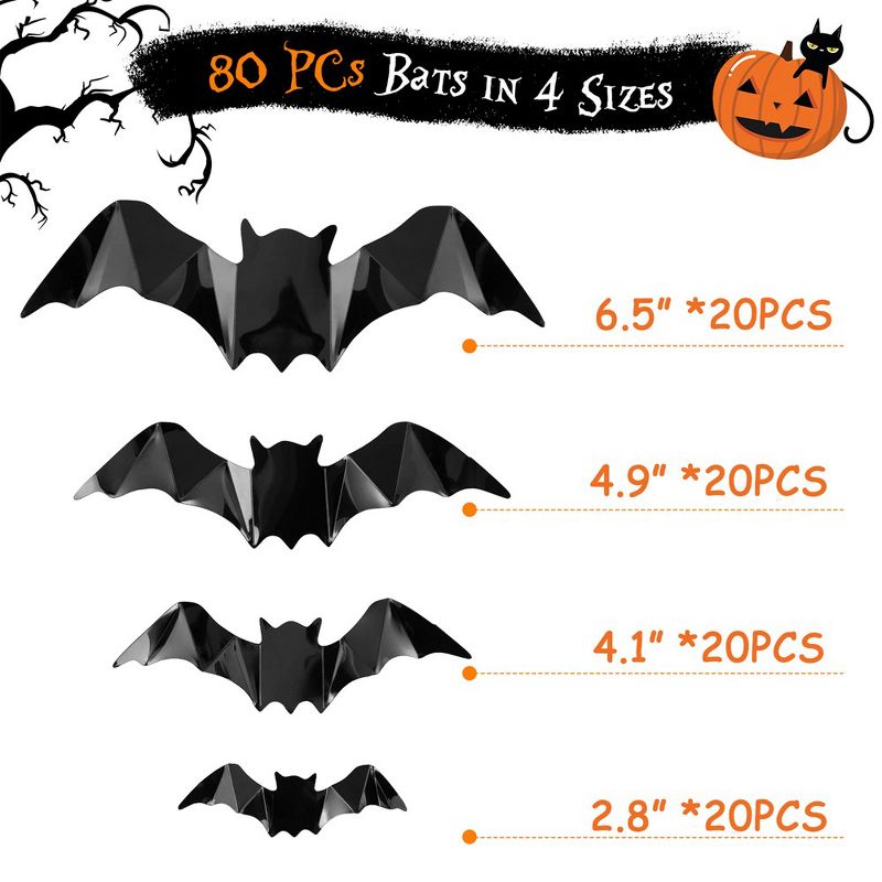 80 Pcs Bats Sticker Halloween Party Supplies Decorations, 4 Sizes Realistic 3D Bats Wall Decor, 4 of 7