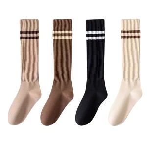 Anna-Kaci Women's 4-Pair Set Ribbed Knee-High Socks with Striped Detail Slim Fit Stretch Design for Casual Outfits - 1 of 4