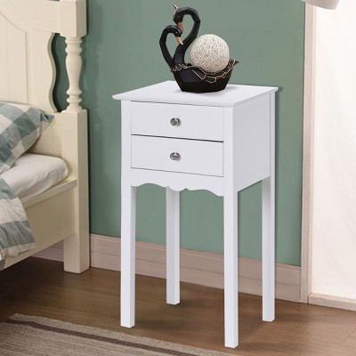 Costway Side Table End Accent Table Night Stand W/ 2 Drawers Furniture White