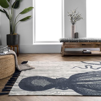 Ivory Cotton Flat-Woven Octopus Tassel Area Rug, 5' x 8'